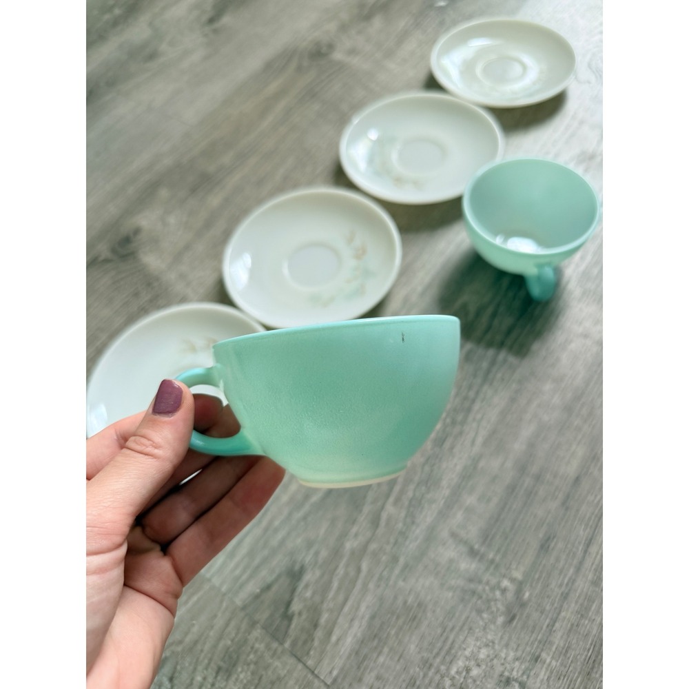 Vintage Pyrex Family Flair Aqua Cups‎ and Pine Needle Saucers Set of 6 - Picture 3 of 9